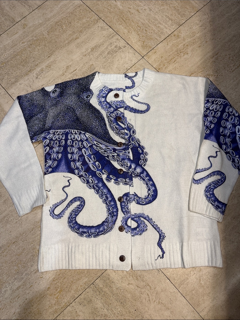 White Cardigan Sweater with Blue Octopus Print